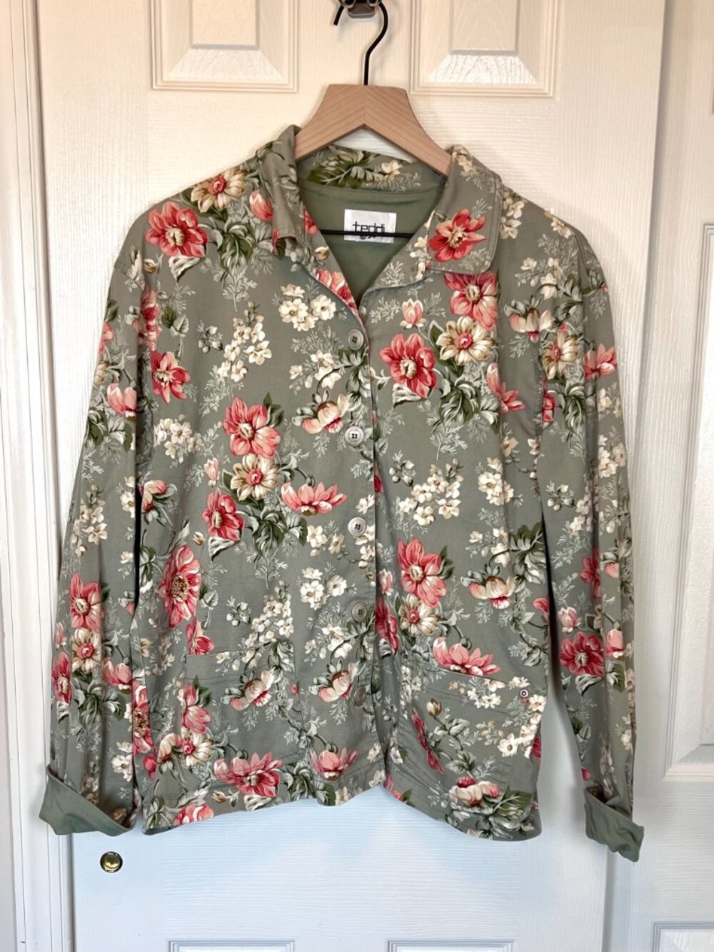 Vintage 90's Sage Green Floral Jacket Size Large Gardencore Grandma CottageCore